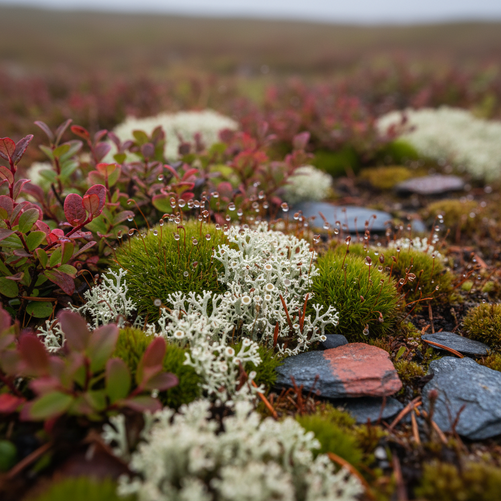 An intimate, ground-level view of a patch of Newfoundland tundra-like barrens, showcasing intricate details: low, crimson-tinged blueberry bushes, tiny white lichen cups, and rich green cushions of reindeer moss nestled between flat, slate-grey stones streaked with orange lichen. Fine droplets of mist cling to leaves and moss, suggesting a recent fog. The scene is illuminated by soft, diffused overcast light, making colors appear deep and saturated without harsh shadows. Photographic realism, macro-style composition with a very shallow depth of field, focusing sharply on a small cluster of moss and lichen while the surrounding terrain melts into creamy blur. The mood is meditative and intellectual, inviting close examination of the understated beauty at the world’s edge.