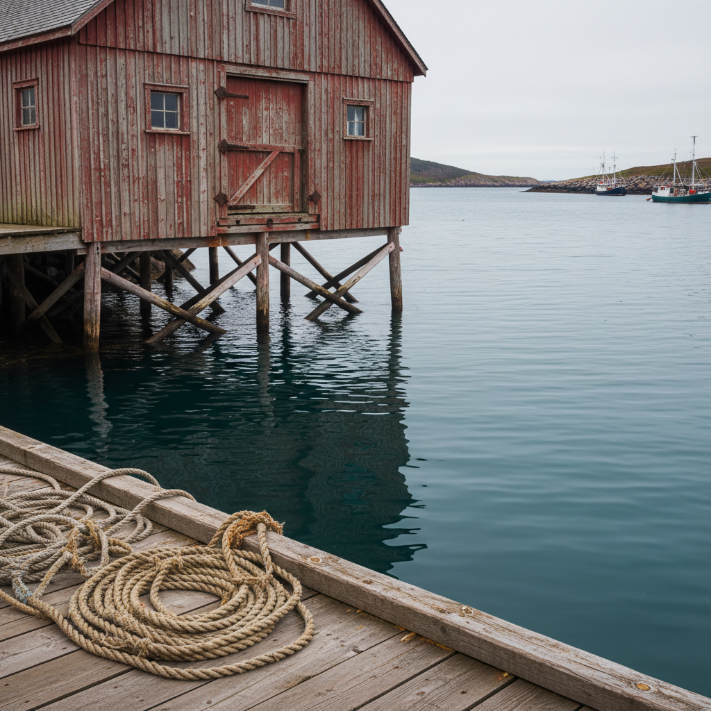 A close, detailed view of a Newfoundland fishing stage perched on stilts above calm harbor water: weathered, salt-streaked wooden planks in muted reds and browns, with rusting metal hinges and thick, coiled hemp ropes resting on a narrow wharf. The sea below is a deep teal, gently rippled, reflecting the stage in a slightly distorted mirror. Soft, overcast daylight creates even, flattering illumination, bringing out every texture in the worn boards and ropes. Photographic realism, shot at eye level with a moderate depth of field, keeping the stage and its reflection crisp while distant boats and rocky shoreline dissolve into a soft blur. The mood is nostalgic and understated, evoking the quiet labor and enduring craftsmanship of outport life.