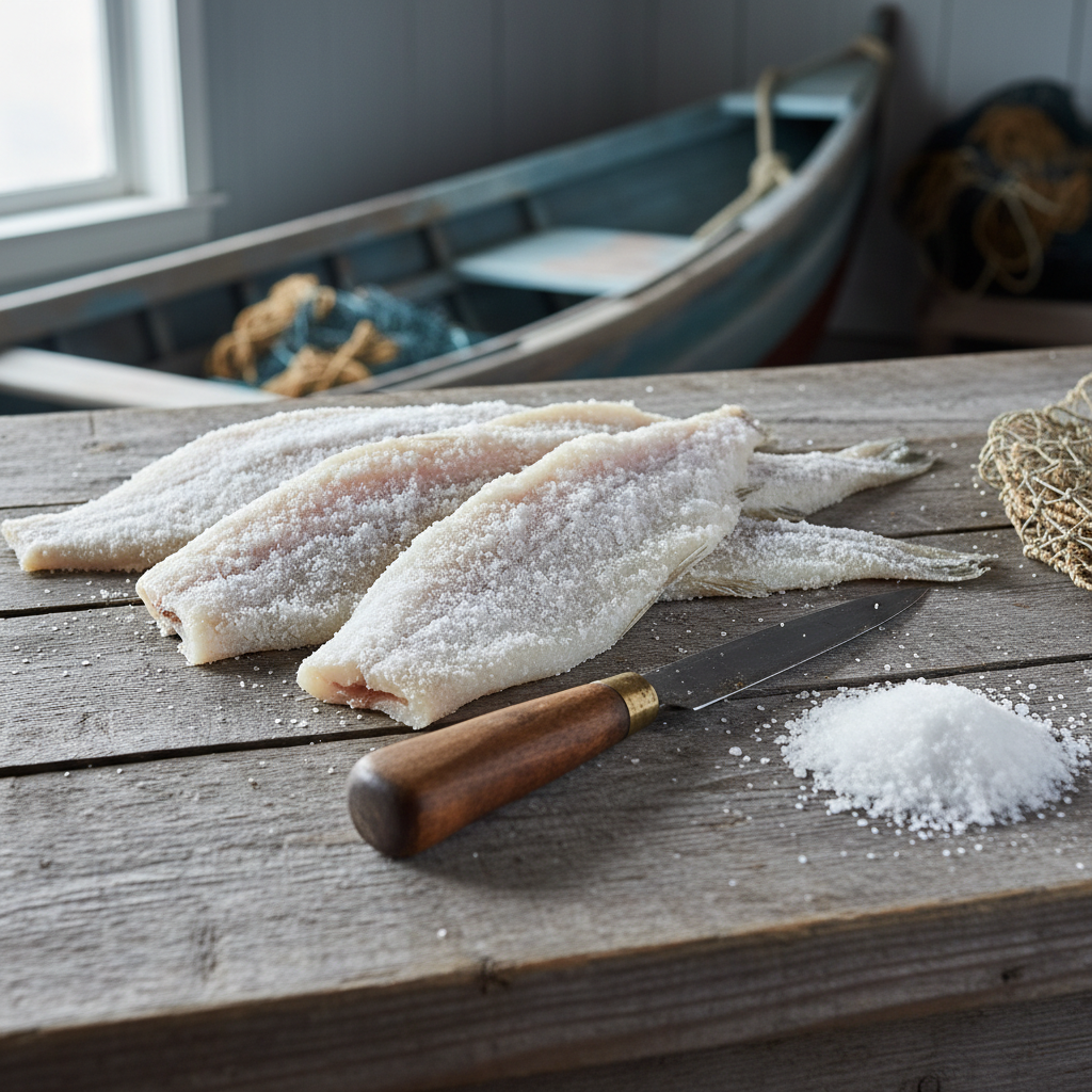 A refined still-life of traditional Newfoundland cod, meticulously arranged on a rough, grey wooden table: pale, salted fillets with delicate crystalline surfaces, a carved wooden splitting table knife nearby, and a small pile of coarse sea salt scattered like frost. In the background, a faint suggestion of a dory’s weathered hull and coiled netting rests out of focus. Natural window light from the left creates soft highlights on the fish and subtle shadows in the grain of the table, evoking a cool coastal interior. Photographic realism with a shallow depth of field, centered composition emphasizing texture and simplicity. The atmosphere is quiet, almost museum-like, presenting everyday heritage with sophistication and reverence.