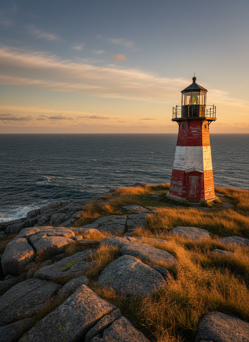 A weather-beaten red and white wooden lighthouse standing on a rocky Newfoundlander headland, its paint slightly faded and peeling, revealing greyed wood beneath. The base is surrounded by coarse, golden grasses and patches of moss between fractured granite slabs. Below, the North Atlantic stretches to the horizon in layers of navy and slate, flecked with whitecaps. Early golden hour sunlight grazes the lighthouse from the side, catching the lantern room’s glass and casting a long, elegant shadow across the ground. Photographic realism, composed with the lighthouse on the rule of thirds, wide-angle view to include sweeping sky and sea. The atmosphere is quietly resolute and refined, suggesting centuries of watchfulness on the edge of the continent.